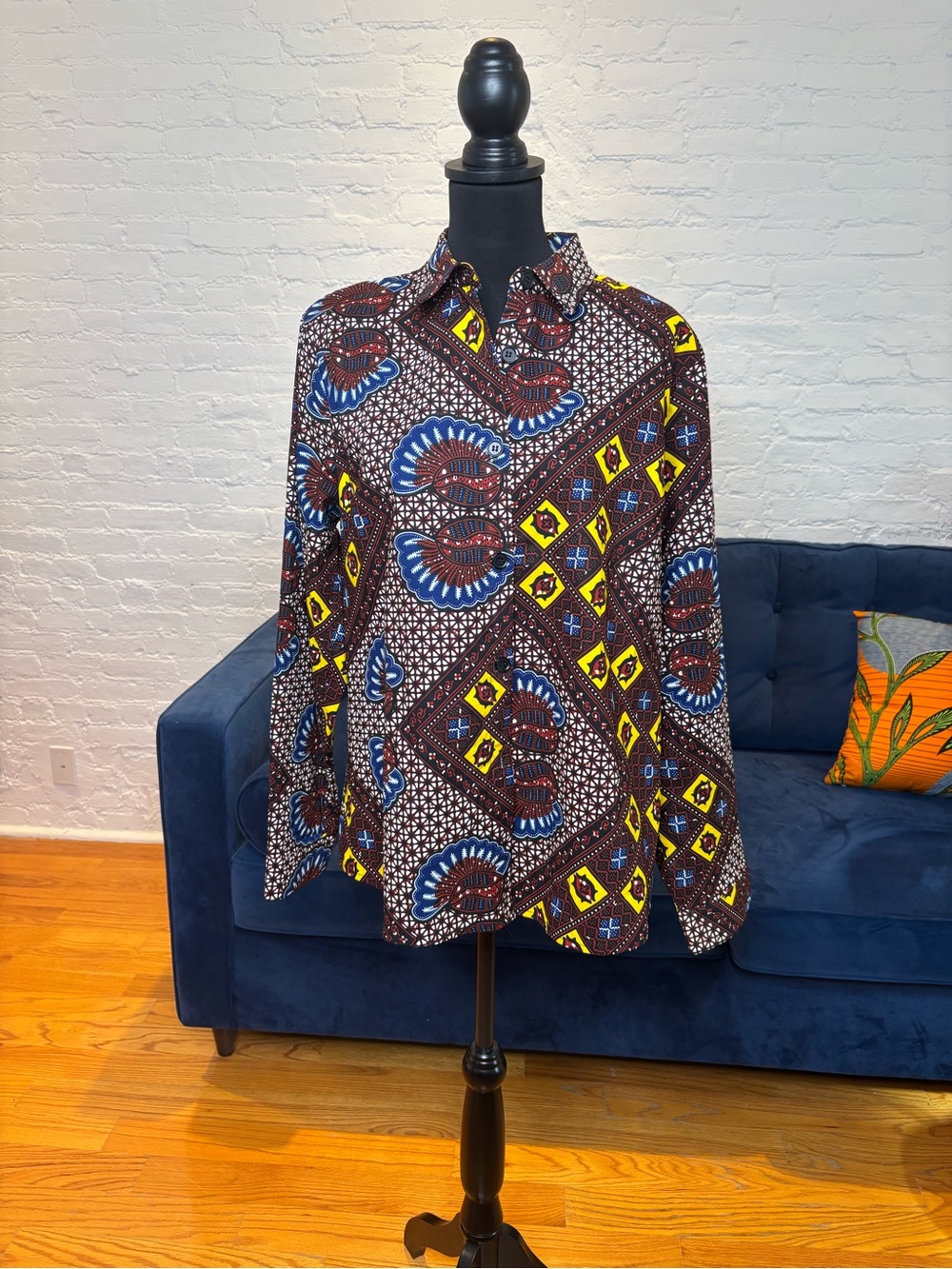 Mae Otti African Printed Button-Down Shirt in Brown, Blue & Yellow - XL